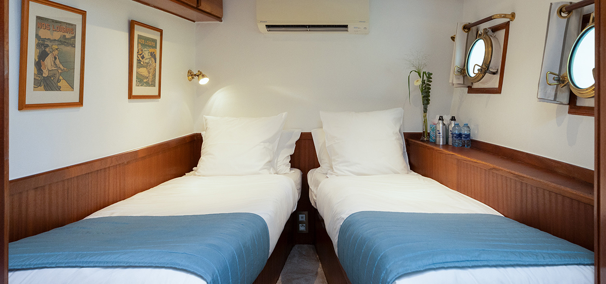 Elegant stateroom on board Anjodi on the Canal du Midi