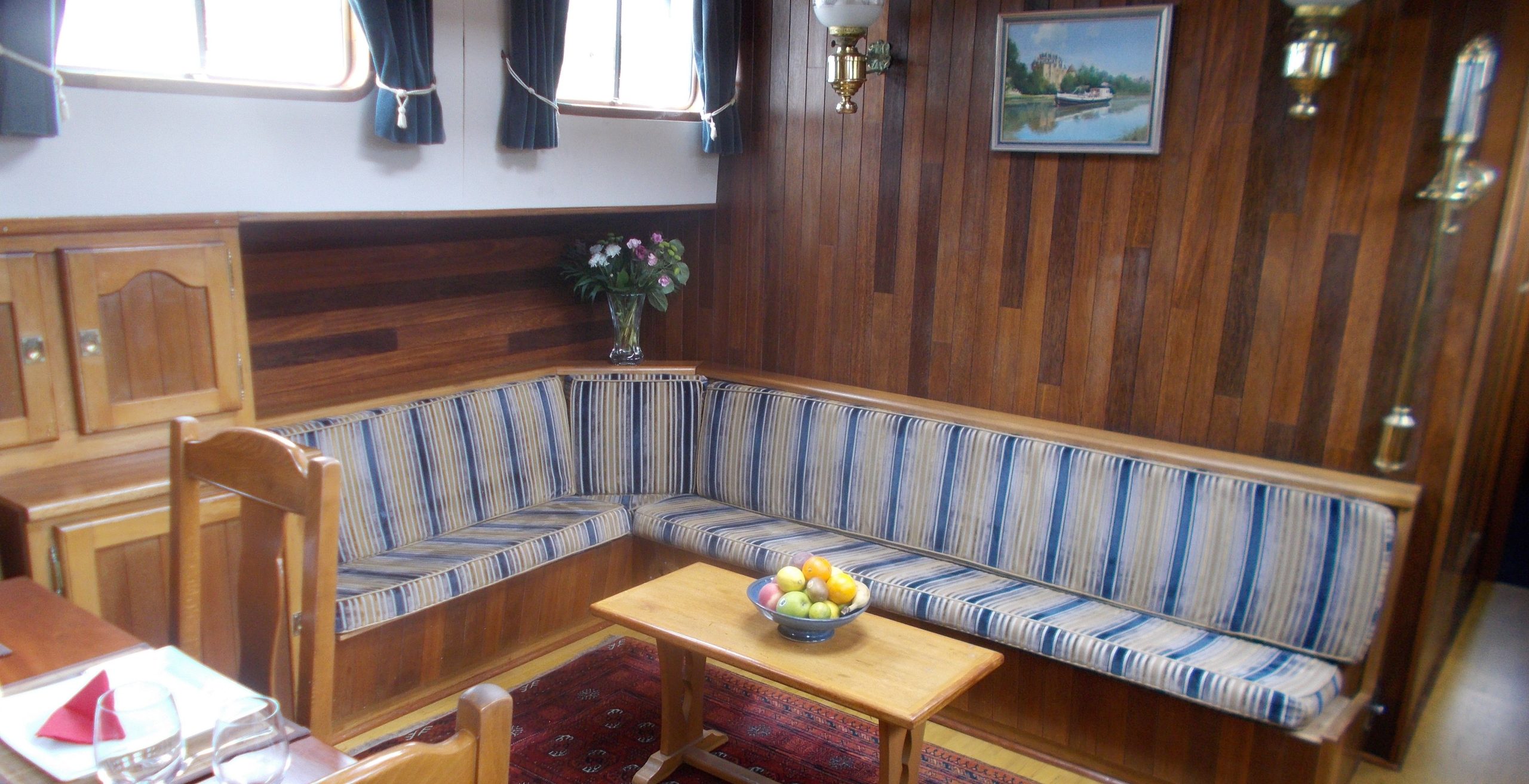 Well-appointed interior on hotel barge Nymphea